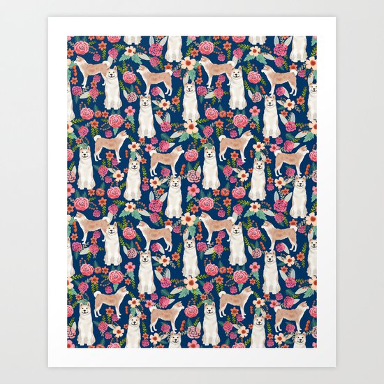 Akita dog pattern florals cute dog portrait pet friendly dog breeds akitas Art Print