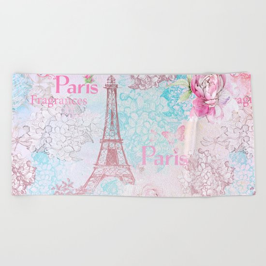 I love Paris- Vintage Shabby Chic in pink - Eiffeltower France Flowers Floral Beach Towel