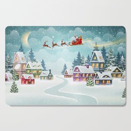 Santa and Reindeer on Christmas Background. Winter Christmas scene with snow covered houses and pine forest. Holiday vintage Background Cutting Board