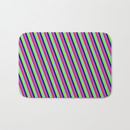 [ Thumbnail: Eye-catching Orchid, Crimson, Light Sky Blue, Chartreuse, and Dark Blue Colored Lined Pattern Bath Mat ]