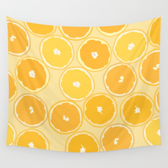 Oranges - Orange Summer Vibe Pattern on Yellow Wall Tapestry