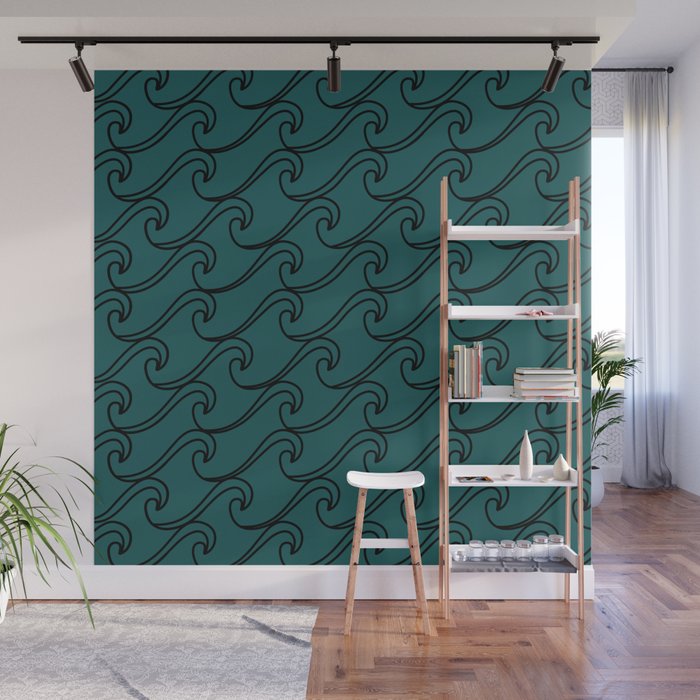 Sea Waves At Night Pattern Dark Turquoise Wall Mural By Xooxoo
