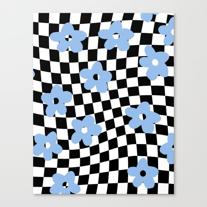 Retro Baby Blue Flowers with Check Canvas Print