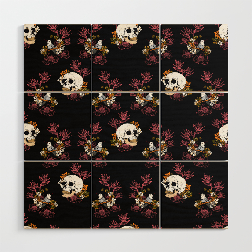 Gloomy Skull, Mystical Bird And Dark Flowers Pattern Wood Wall Art by loriniart