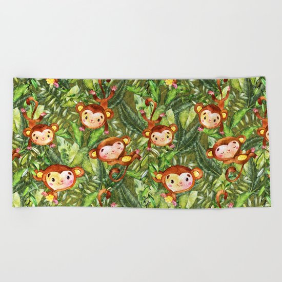 Monkey Jungle Fun-Monkeys in Palm Leaves Forest Beach Towel