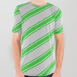 [ Thumbnail: Light Grey and Lime Green Colored Stripes Pattern All Over Graphic Tee ]