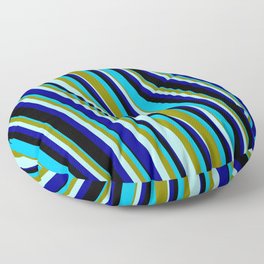[ Thumbnail: Eyecatching Deep Sky Blue, Green, Turquoise, Dark Blue, and Black Colored Pattern of Stripes Floor Pillow ]