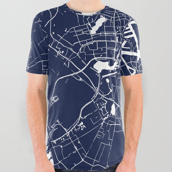 Amsterdam Navy Blue on White Street Map All Over Graphic Tee