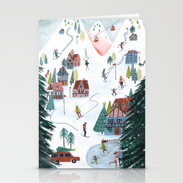 Skiing Winter Village Stationery Cards