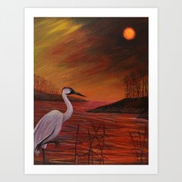 Red Dusk Crane Art Print