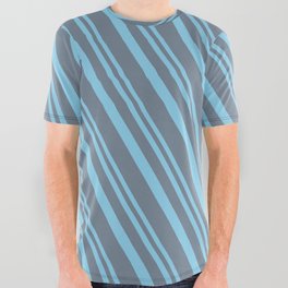 [ Thumbnail: Sky Blue and Slate Gray Colored Stripes Pattern All Over Graphic Tee ]