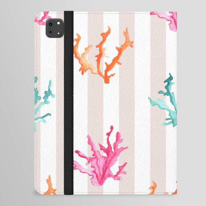 Colorful Coral Reef on Pastel Pink Stripes iPad Folio Case