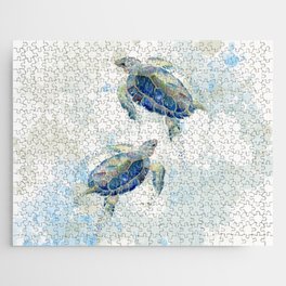 Swimming Together 2 - Sea Turtle  Jigsaw Puzzle | Animal, Seaturtles, Beach House Decor, Painting, Endangered, Nursery, Watercolor, Ocean, Nautical, Wildlife 