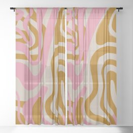 Retro Mid-Century Swirl in Pink + Tan Sheer Curtain