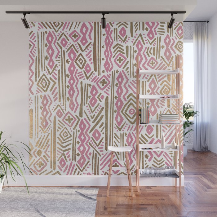 Abstract Geometric Pastel Pink White Gold Tribal Pattern Wall Mural