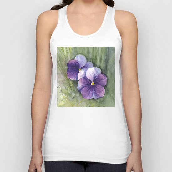 Purple Pansies Watercolor Flowers Painting Violet Floral Art Unisex Tank Top