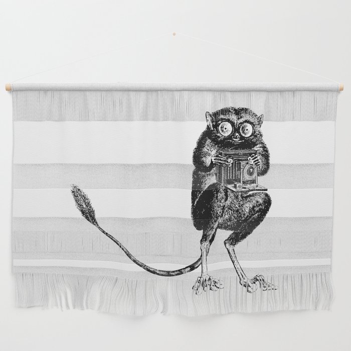 Say Cheese Tarsier with Vintage Camera Black and White Wall
