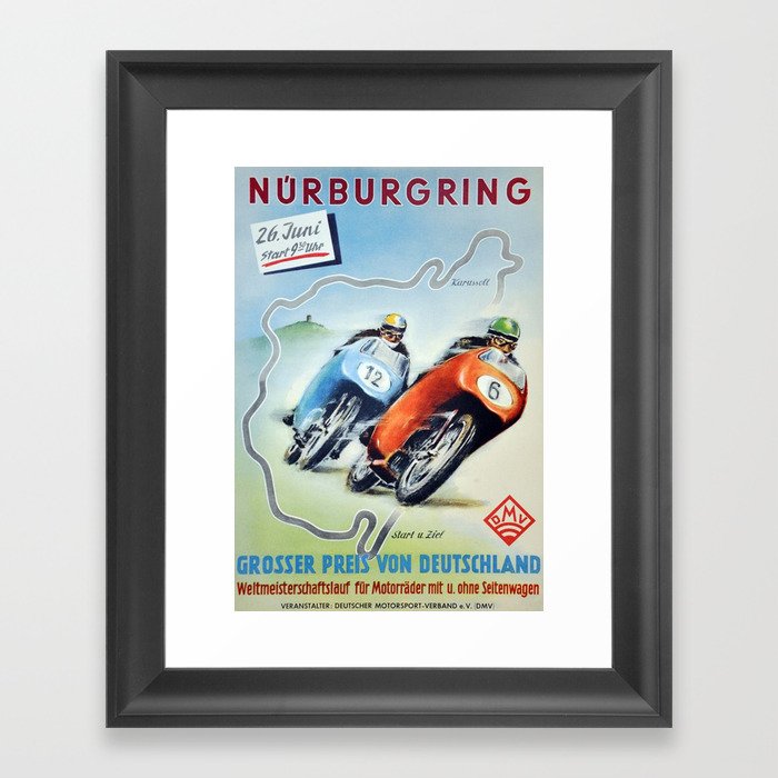 Nurburgring German Motorcycle Road Race Vintage Poster, Circa 1955 Framed Art Print
