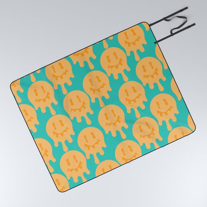 Melted Smiley Faces Trippy Seamless Pattern - Blue and Yellow Picnic Blanket