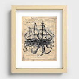 Octopus Kraken attacking Ship Antique Almanac Paper Recessed Framed Print