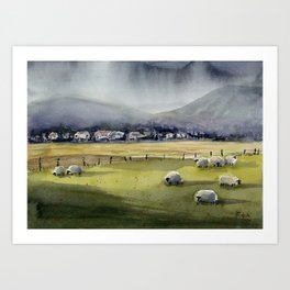 Watercolor Sheep Countryside Landscape Painting Art Print
