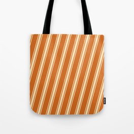 [ Thumbnail: Chocolate & Beige Colored Lined/Striped Pattern Tote Bag ]