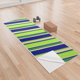 [ Thumbnail: Light Green, Tan, Dark Blue & Sea Green Colored Striped Pattern Yoga Towel ]