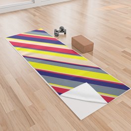 [ Thumbnail: Vibrant Light Slate Gray, Yellow, Bisque, Crimson & Midnight Blue Colored Lines/Stripes Pattern Yoga Towel ]
