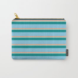 [ Thumbnail: Coral, Beige, Dark Cyan & Sky Blue Colored Stripes Pattern Carry-All Pouch ]