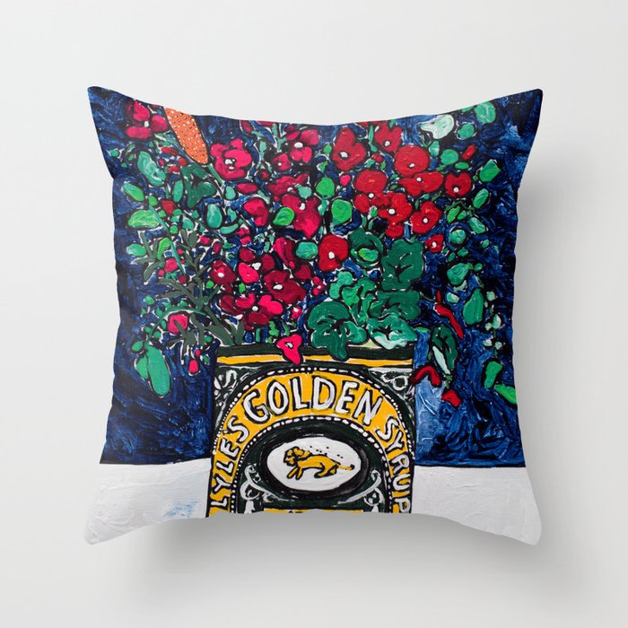 Wild Flowers in Golden Syrup Tin on Blue Throw Pillow