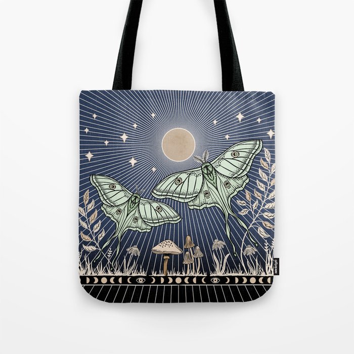 Luna Moths with moon and mushrooms - art and 2022 Lunar calendar (Northern Hemisphere) Tote Bag