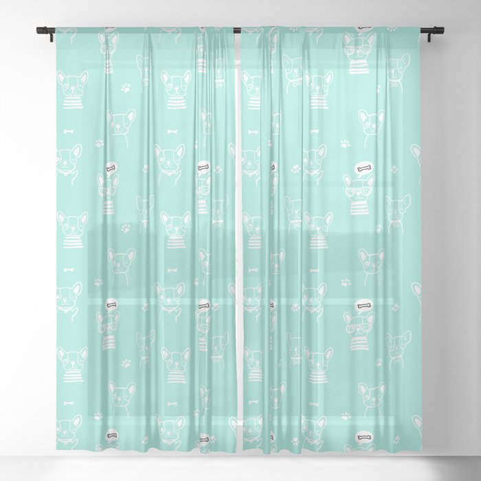 Seafoam and White Hand Drawn Dog Puppy Pattern Sheer Curtain