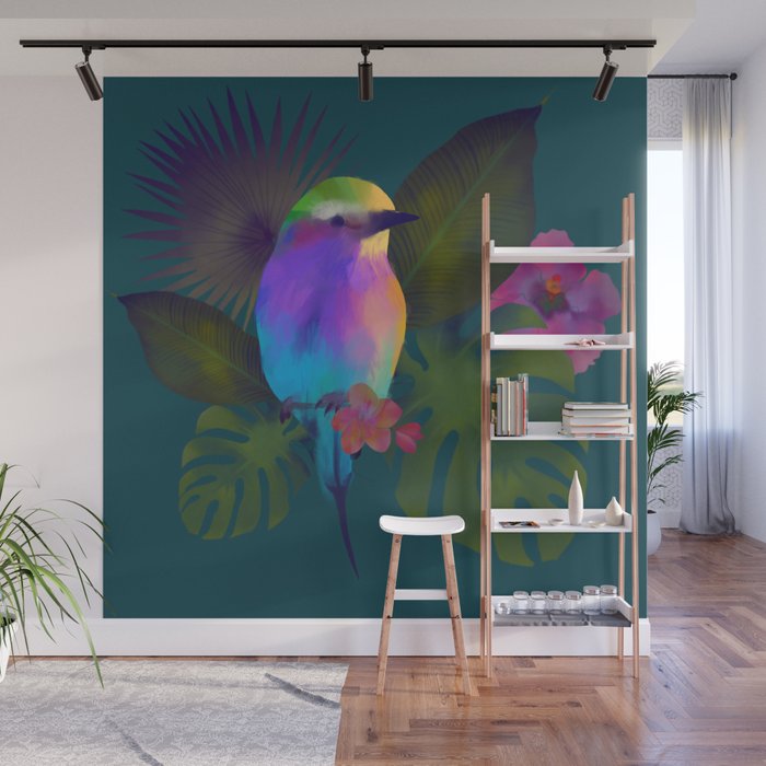 Tropical Bird And Exotic Flowers Summer Painting Wall Mural By