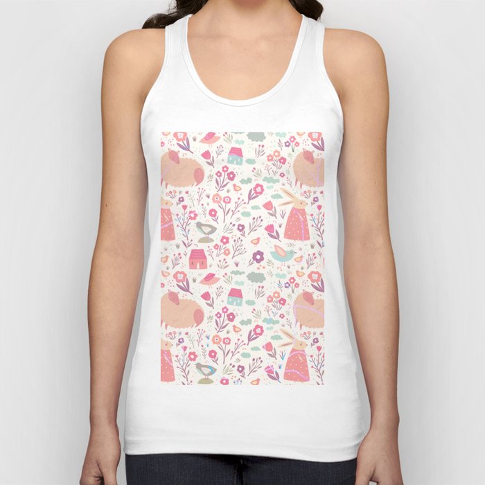 Abstract Girly Pink Coral Hand Painted Easter Rabbit Floral Tank Top