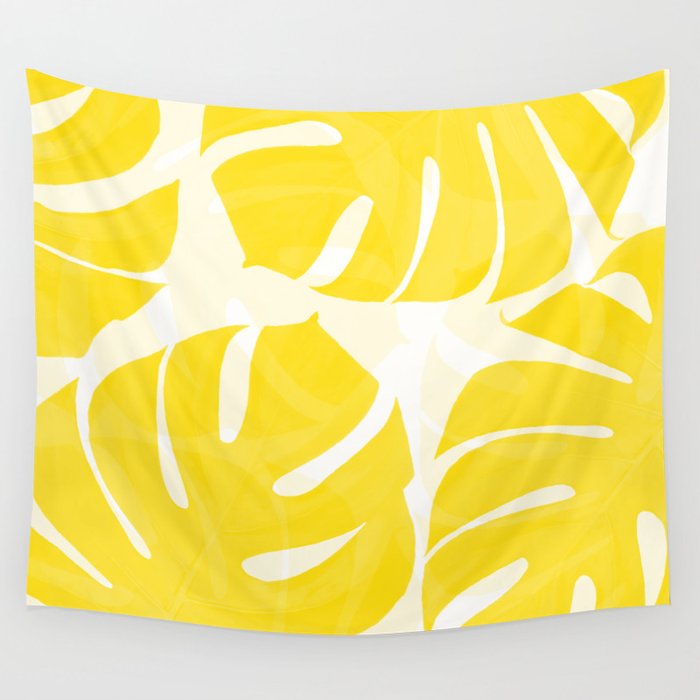 Mellow Yellow Monstera Leaves White Background #decor #society6 #buyart Wall Tapestry