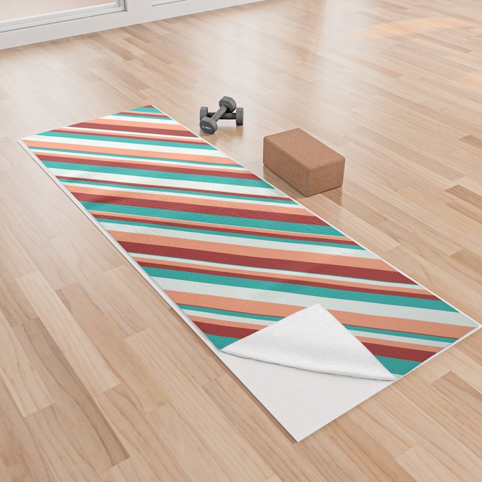 Light Sea Green, Mint Cream, Light Salmon, and Brown Colored Striped Pattern Yoga Towel