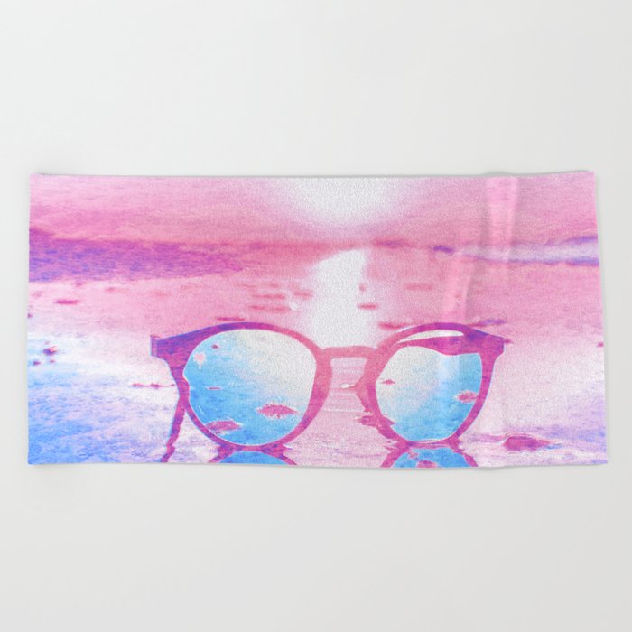 sunset glasses vaporwave impressionism painted realistic still life Beach Towel