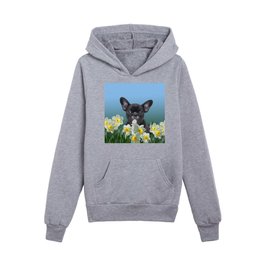 French Bulldog in Daffodils Field Kids Pullover Hoodies