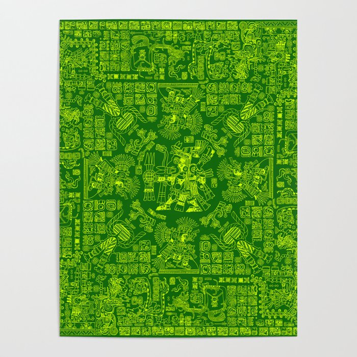 Mayan Spring GREEN / Ancient Mayan hieroglyphics mandala pattern Poster