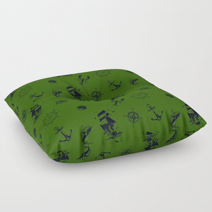 Green And Blue Silhouettes Of Vintage Nautical Pattern Floor Pillow