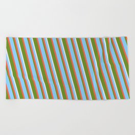 [ Thumbnail: Light Sky Blue, Red, Green & Lavender Colored Lined Pattern Beach Towel ]
