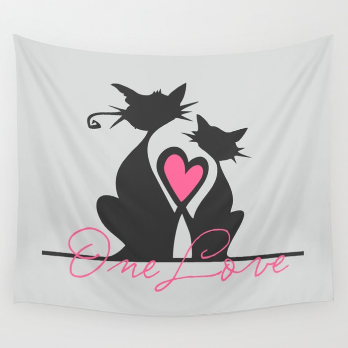One Love Black Cats Soulmates Make Heart With Tails Art Print Home Decor For Room Wall Interior Wall Tapestry By Lubo