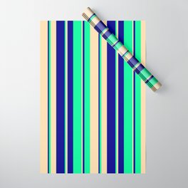 [ Thumbnail: Tan, Dark Blue & Green Colored Stripes/Lines Pattern Wrapping Paper ]