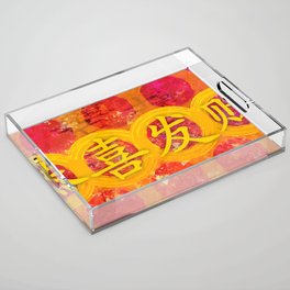 Happy Chinese New Year Greeting in Red and Gold Acrylic Tray