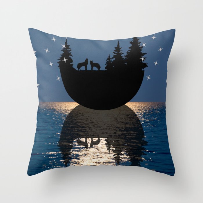 Wolf Moon Reflection  Throw Pillow