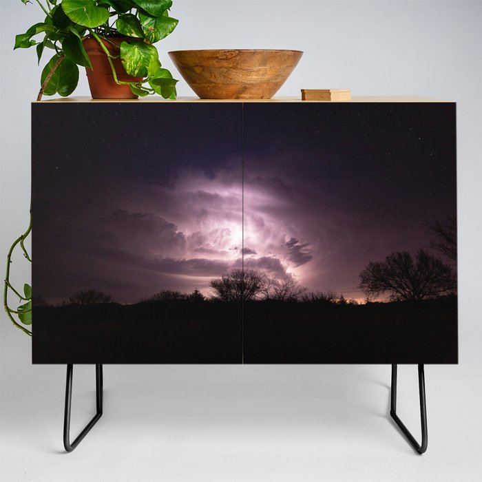 Inner Glow - Lightning Illuminates Storm Cloud as Stars Twinkle Above at Night in Oklahoma Credenza