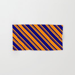 [ Thumbnail: Dark Orange & Blue Colored Lined/Striped Pattern Hand & Bath Towel ]