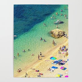 Beach umbrellas and bathers in French Riviera Poster