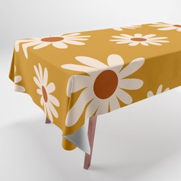 70s Hand Drawn Flower Power Daisies Florals in Yellow, Cream & Brown Tablecloth