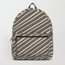 [ Thumbnail: Dim Gray & Tan Colored Lined/Striped Pattern Backpack ]